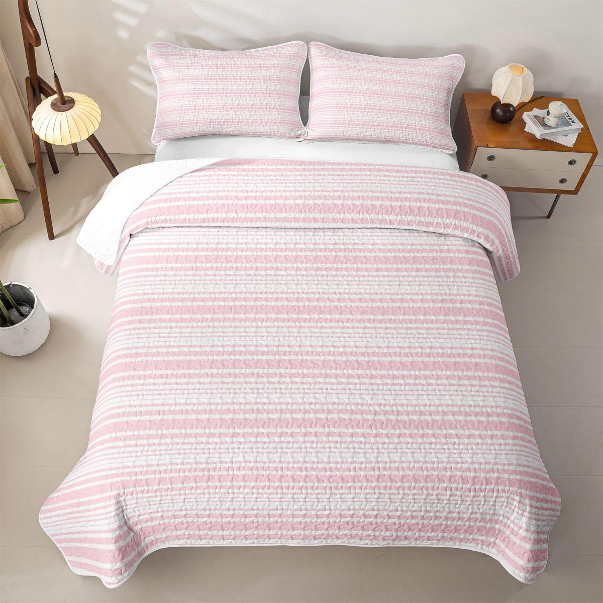 Pink Striped Quilt Set, Farmhouse Ticking Stripes Quilt Modern Geometric Lines Bedspread Coverlet with