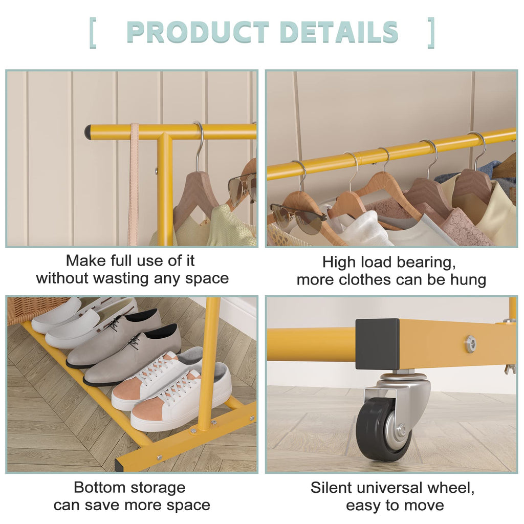 Double Rod Metal Clothing Garment Rack on Wheels, Gold
