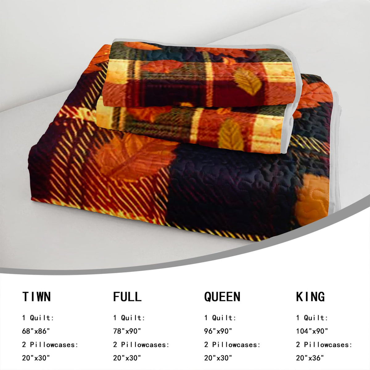 Fall Plaid Bed Cover 3 Piece, Includes 1 Quilt and 2 Pillow Shams, Scarlet Maple Motifs Dark Tartan Squares Warm