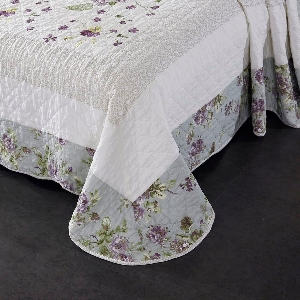 3-Piece Floral Embroidered Quilt Set Oversize Queen 100% Cotton Ultra Soft Elegant Reversible Bedspread Coverlet Set