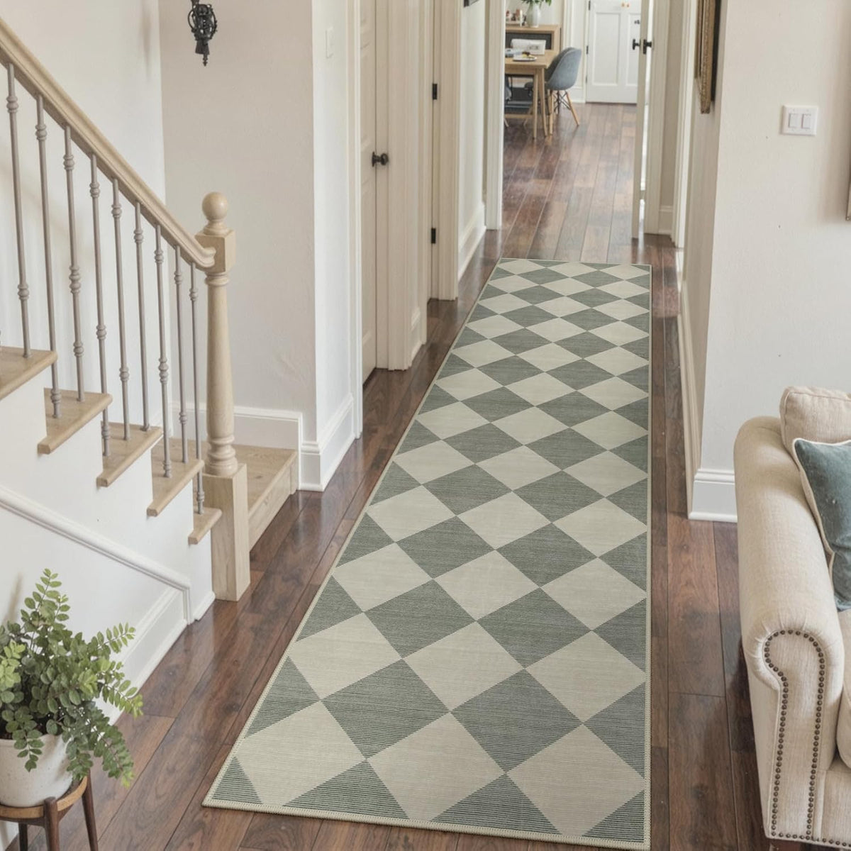 Checkered Print Rug Runners for Hallways, Green Kitchen Runner Rugs Non Skid Washable Ultra Thin Faux Wool