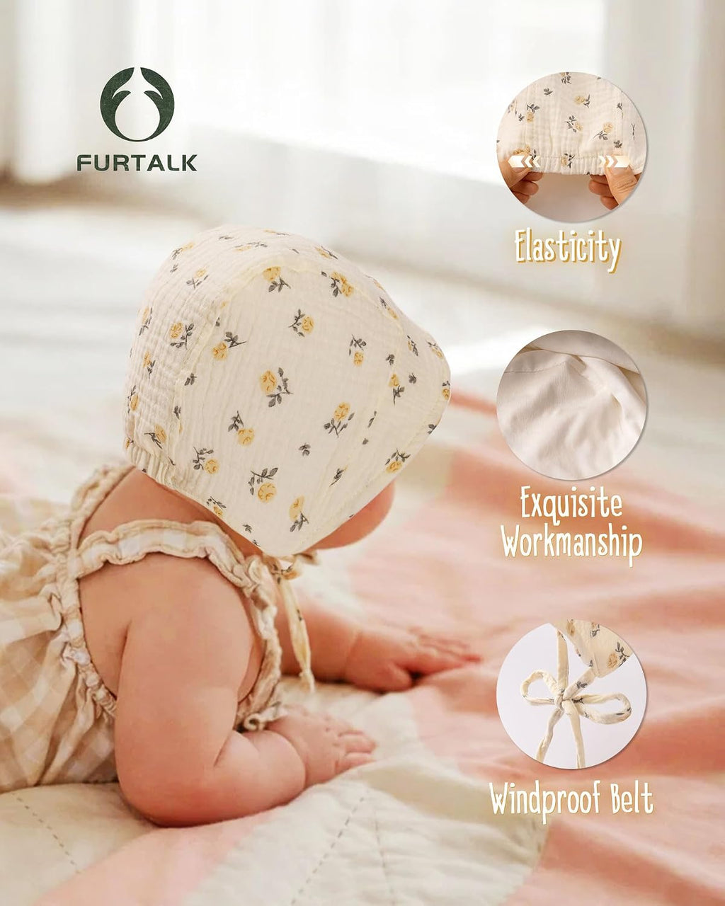Baby Bonnet Muslin Cotton Soft Adjustable Chin Strap for Infant Boys Girls