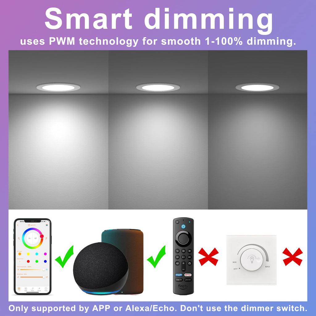 Smart Recessed Lighting 4 Inch RGBCW Color Changing 12W LED Downlight with Junction Box,1100 Lumen Recessed Ceiling