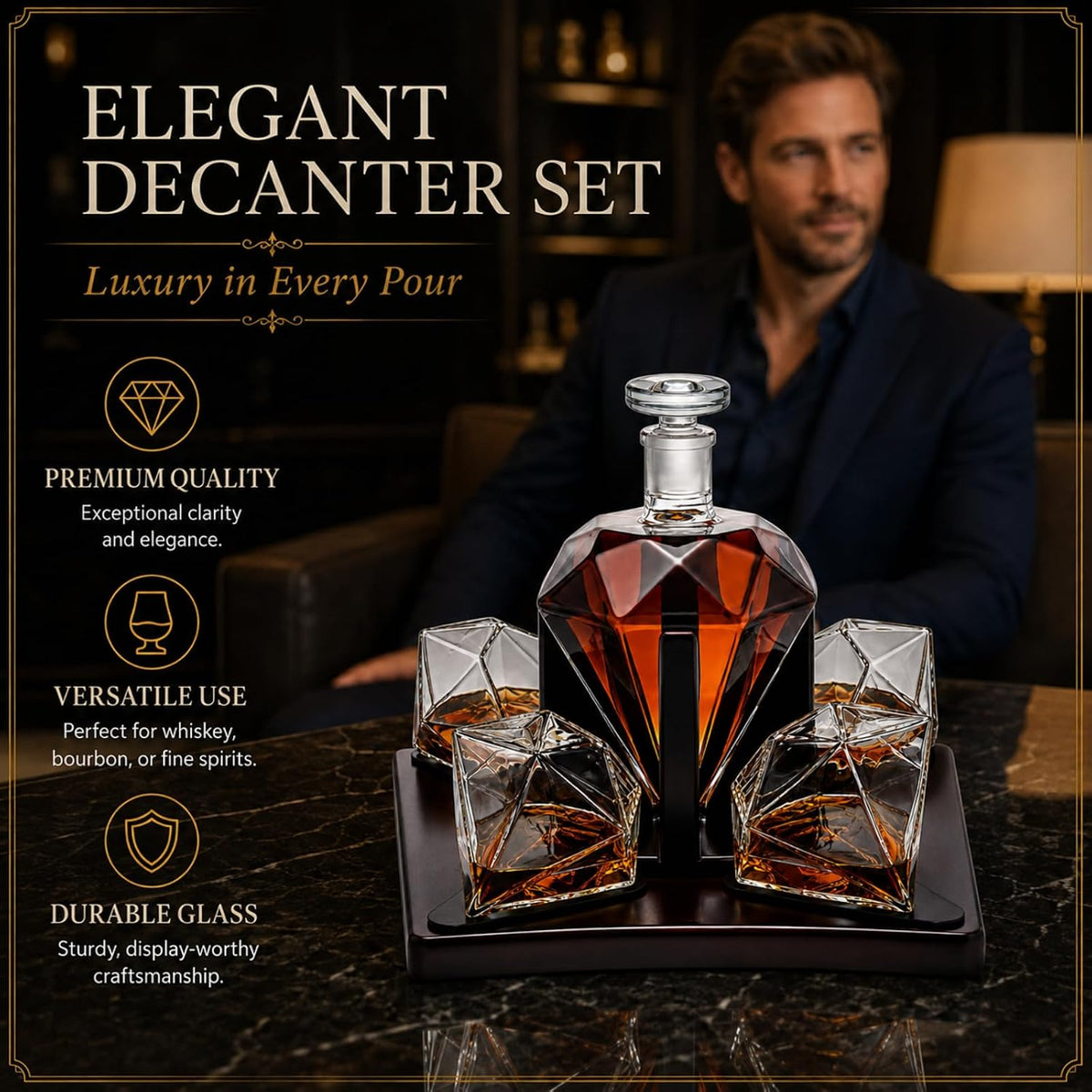 Ry Diamond Whiskey Decanter Set with 4 Matching Glasses & Mahogany Wood Base - 750ml Hand-Blown Borosilicate Glass - Set of 5