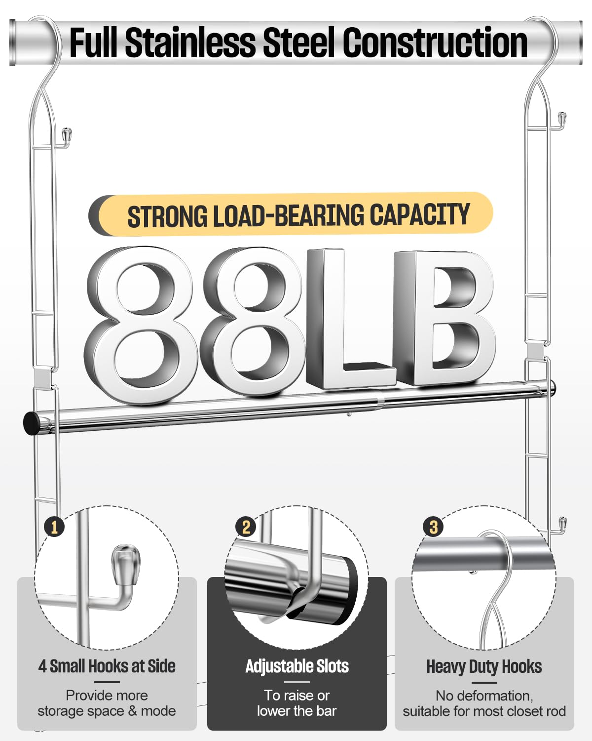Hanging Closet Rod with Side Hooks, Adjustable Height & Width