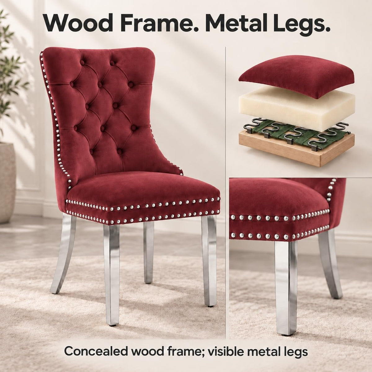 Mid Century Modern Dining Chairs Set of 4, Velvet Upholstered Kitchen & Dining Room Chairs with Nailhead Trim &