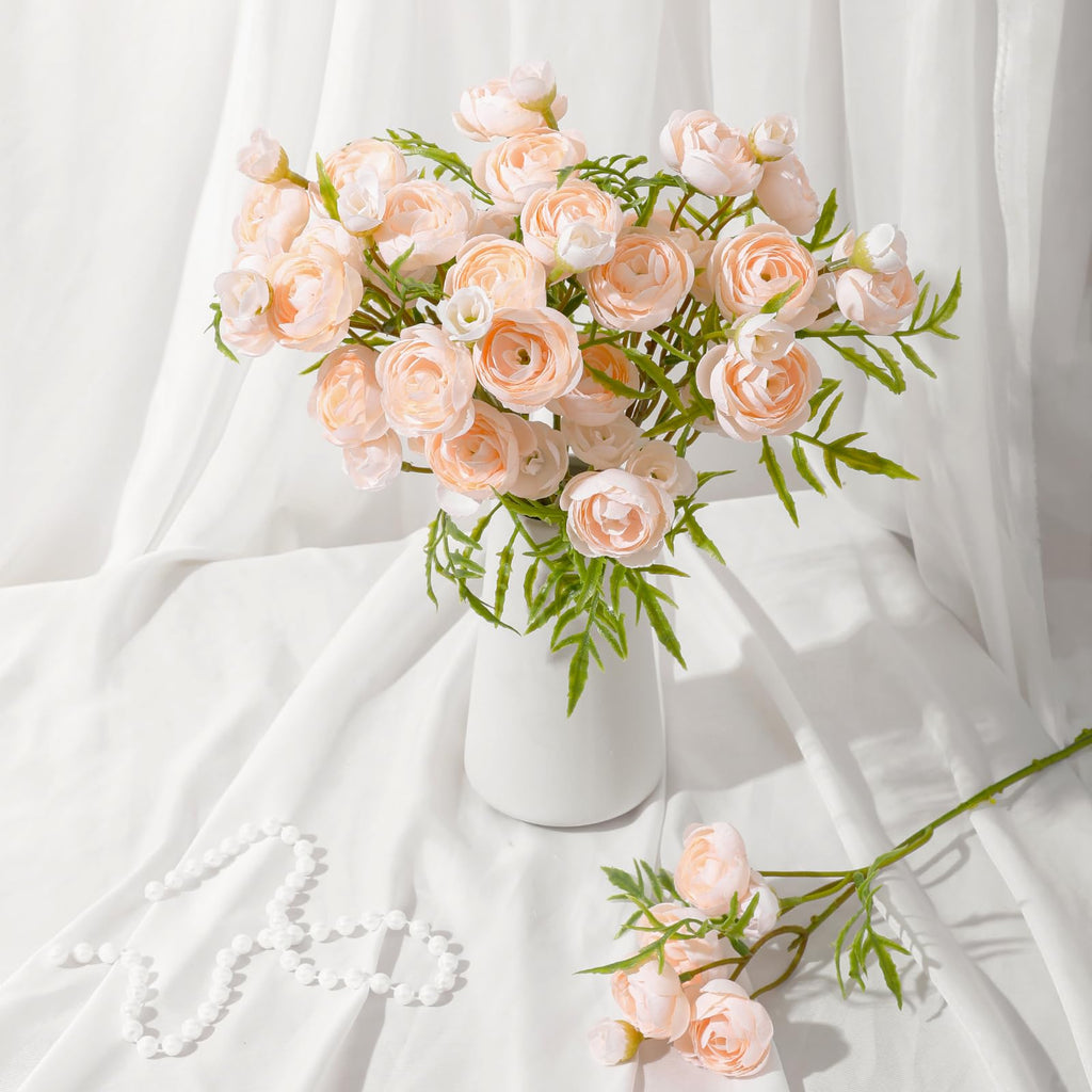 Ranunculus Artificial Flowers with Vase, 10 Pcs Faux Silk Mini Ranunculus Bouquet Wedding Centerpiece DIY Floral