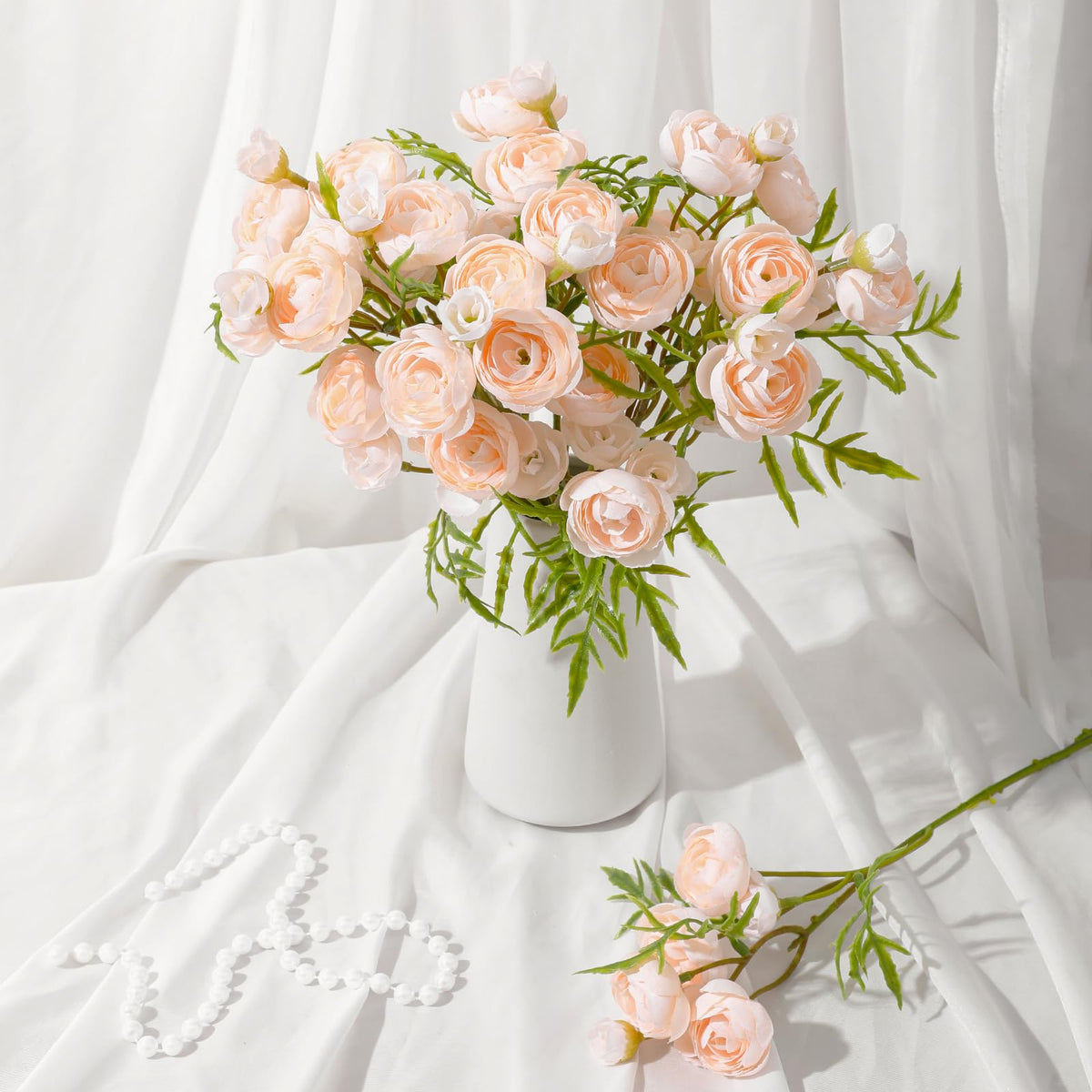 Ranunculus Artificial Flowers with Vase, 10 Pcs Faux Silk Mini Ranunculus Bouquet Wedding Centerpiece DIY Floral