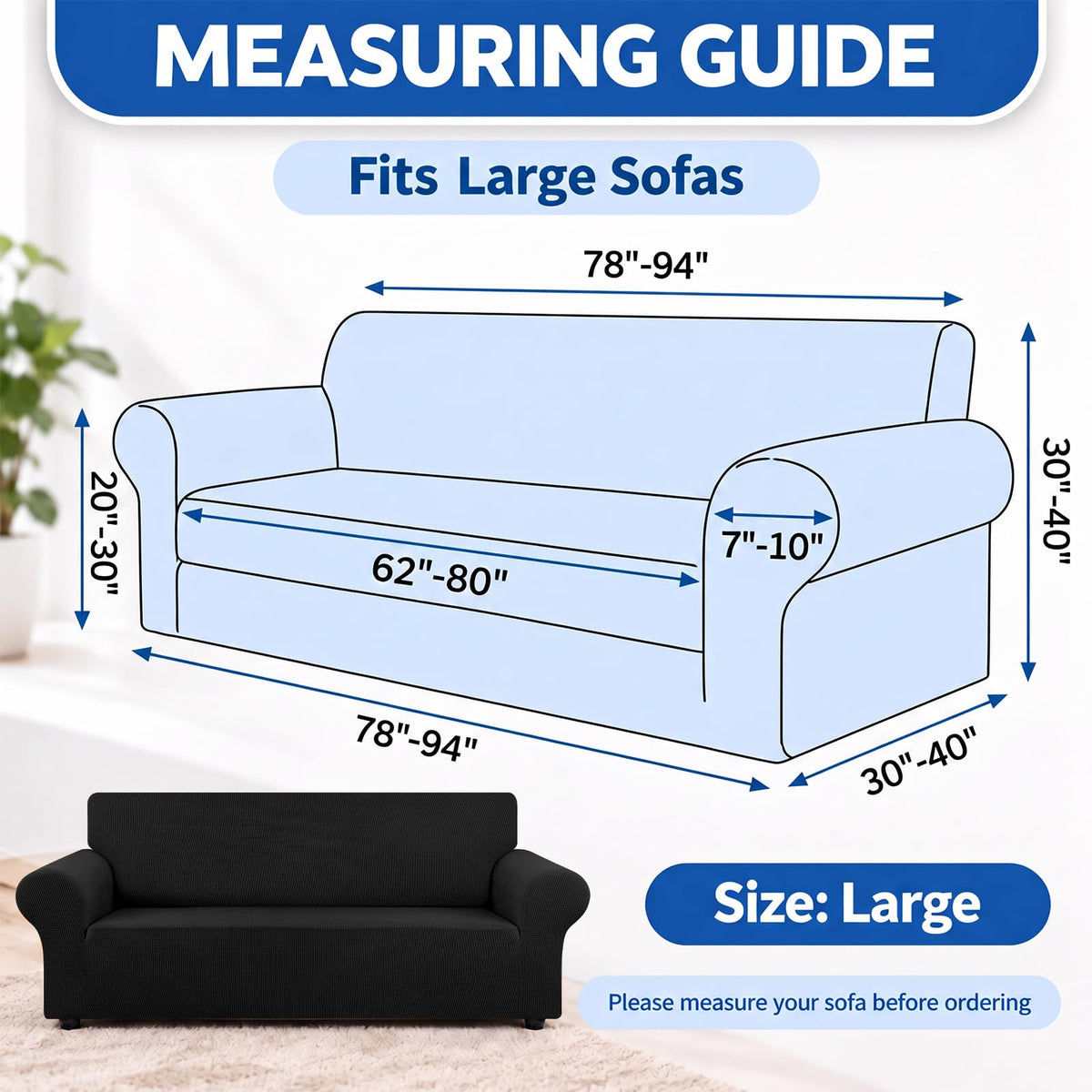 Stretch Couch Covers for Sofa, 3 Cushion Couch Slipcover, Black