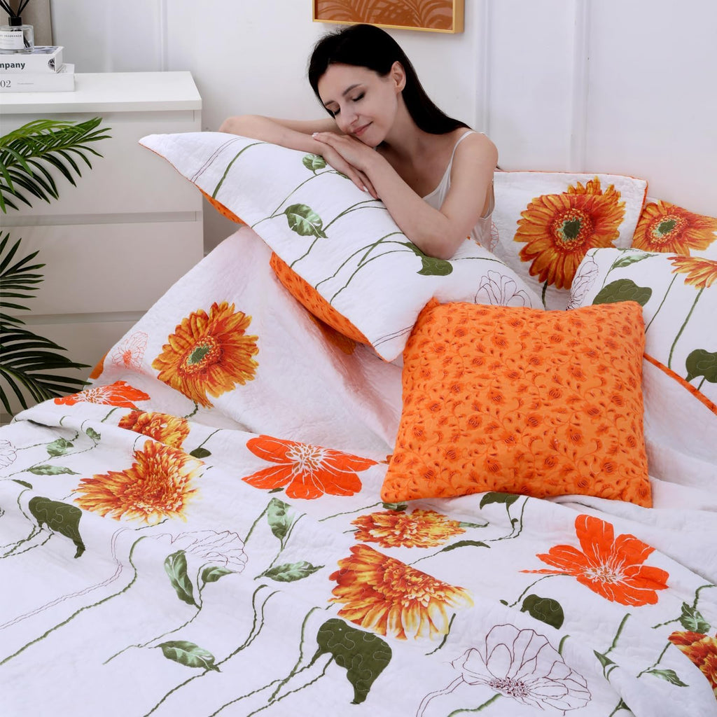100% Cotton Quilt Set Orange Sunflower Floral Bedding Sets with Pillow Shams Breathable Lightweight
