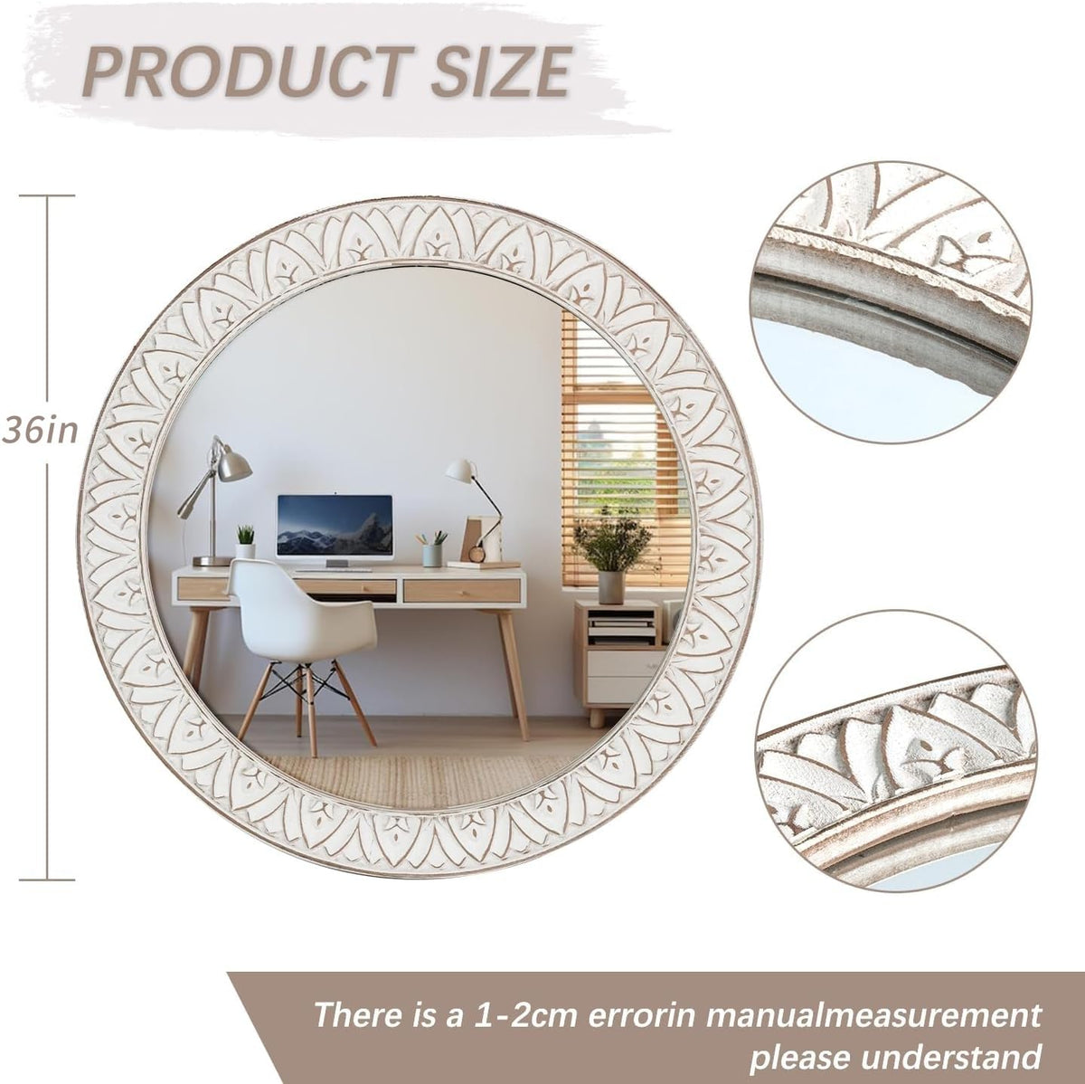 Rustic Round Wood 36 Inch Farmhouse Mirror, Wall Mount, Framed, White, Flower White, Modern & Rustic Style