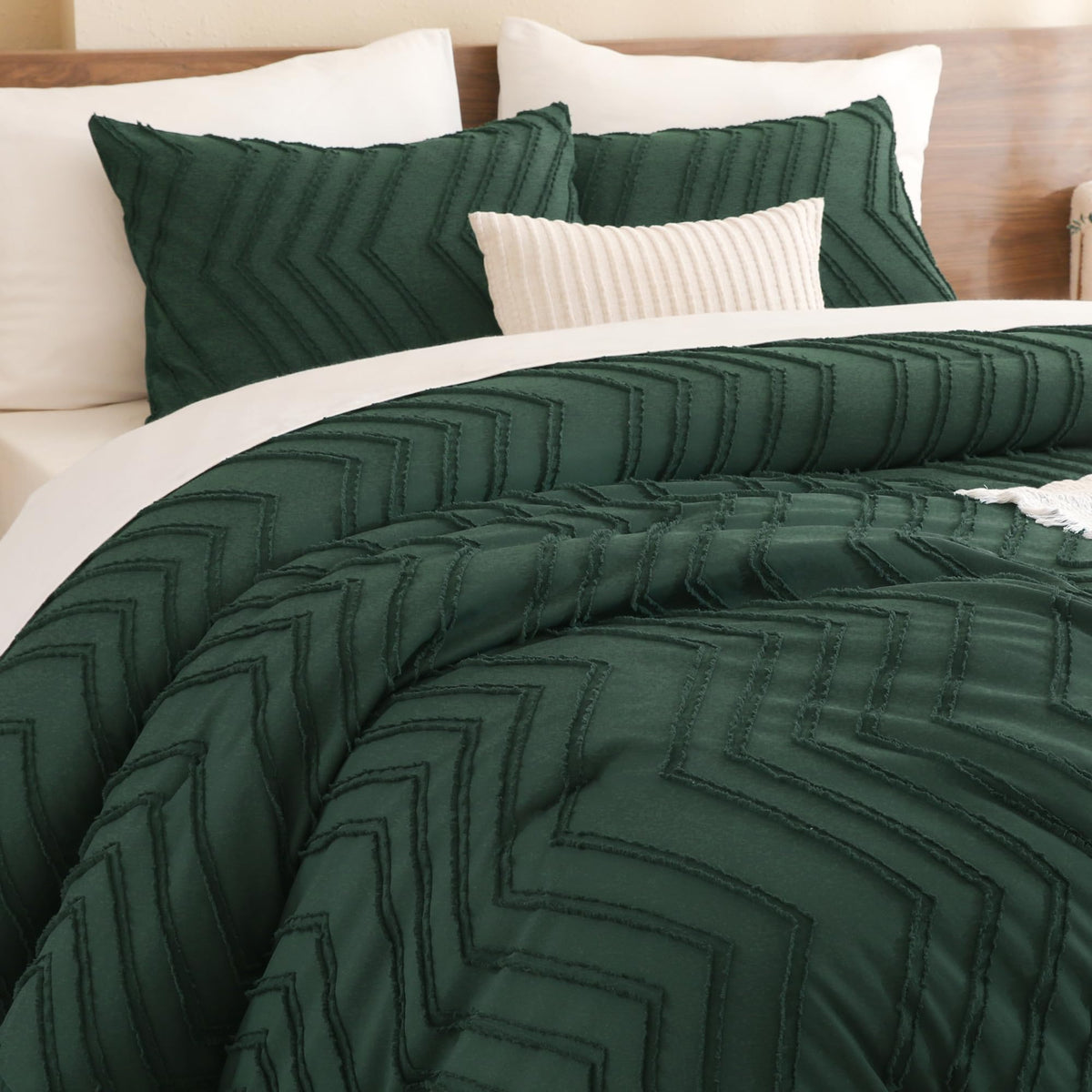 Cal King Comforter Set Dark Emerald Green, Boho Chevron Tufted Bedding Comforter Sets, Hunter Green Soft Warm 3 Pieces