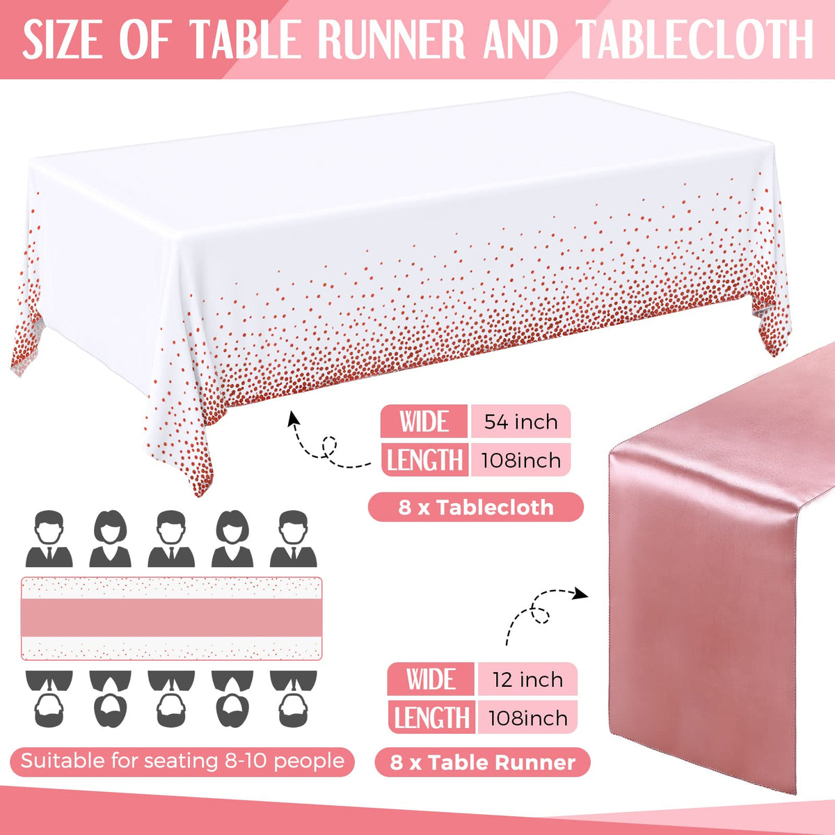 16 Pack White and Rose Gold Plastic Tablecloths Satin Runner Set