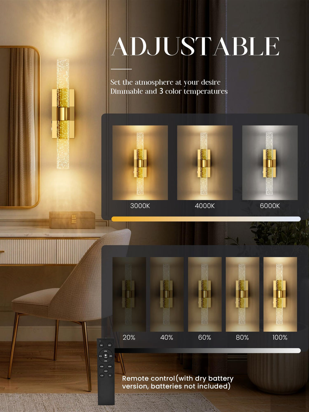 Battery Operated Wall Sconces Set of 2, Gold, 15.3 Inch