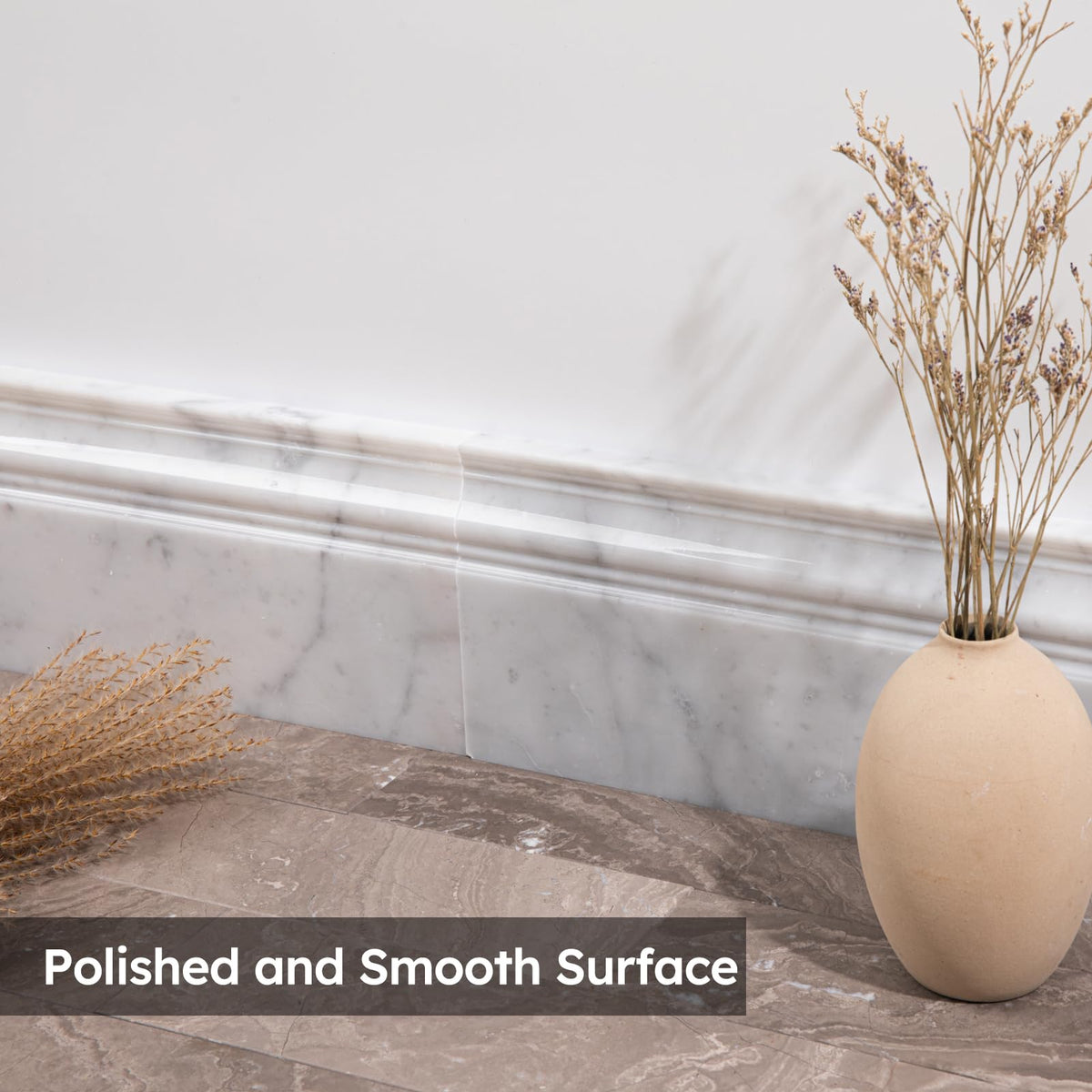 4-Pack Carrara White Marble Baseboard Trim Molding, 5 x 12 Inch Crown, Polished, Bianco Italian Carrera Marble