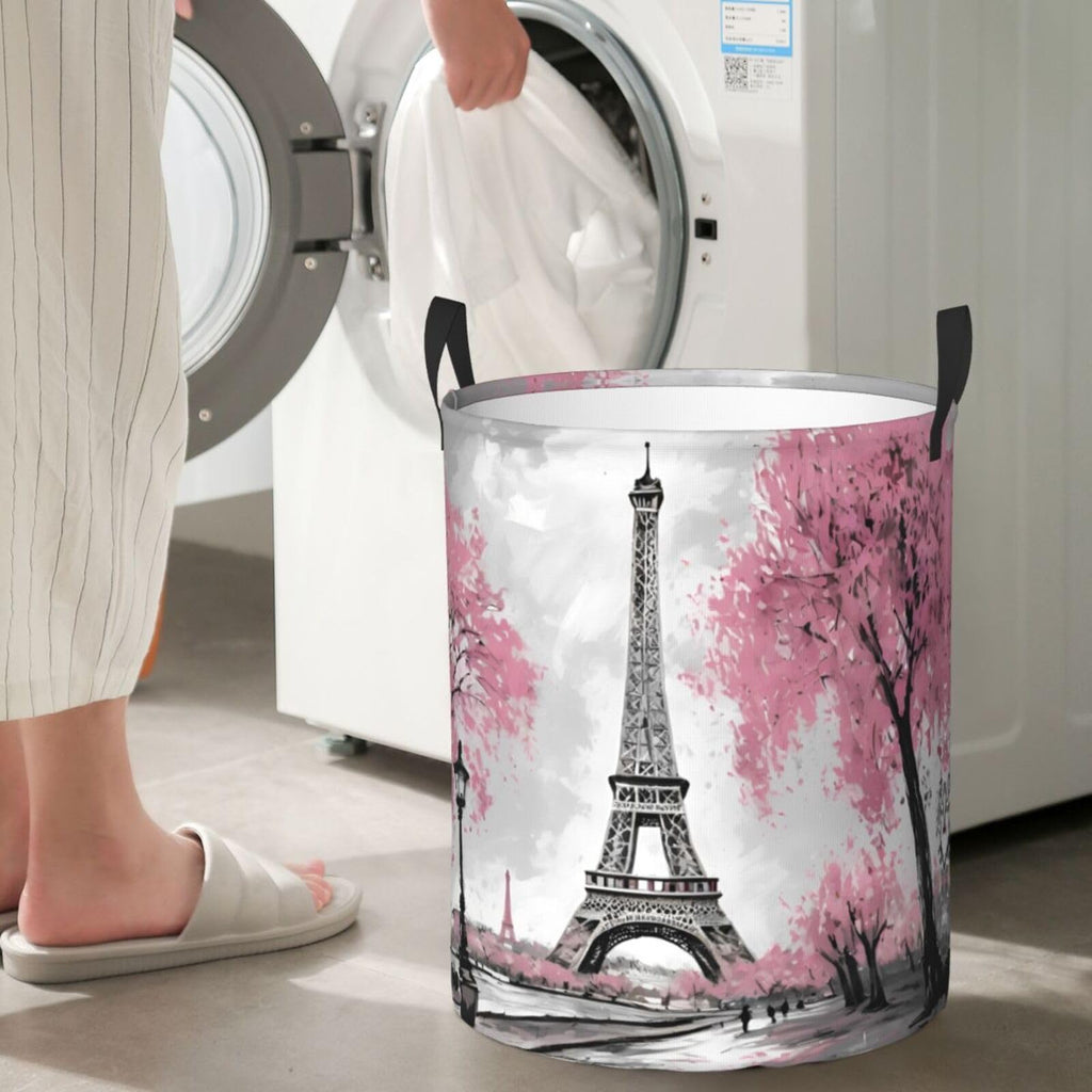 62l Round Laundry Hamper Retro Paris Eiffel Tower Storage Basket Waterproof Coating Organizer Bin Clothes Toys
