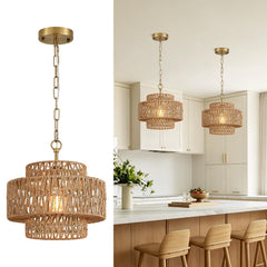 12.6" Gold Rattan Pendant Light, Hand-Woven 1-Light Boho Fixture