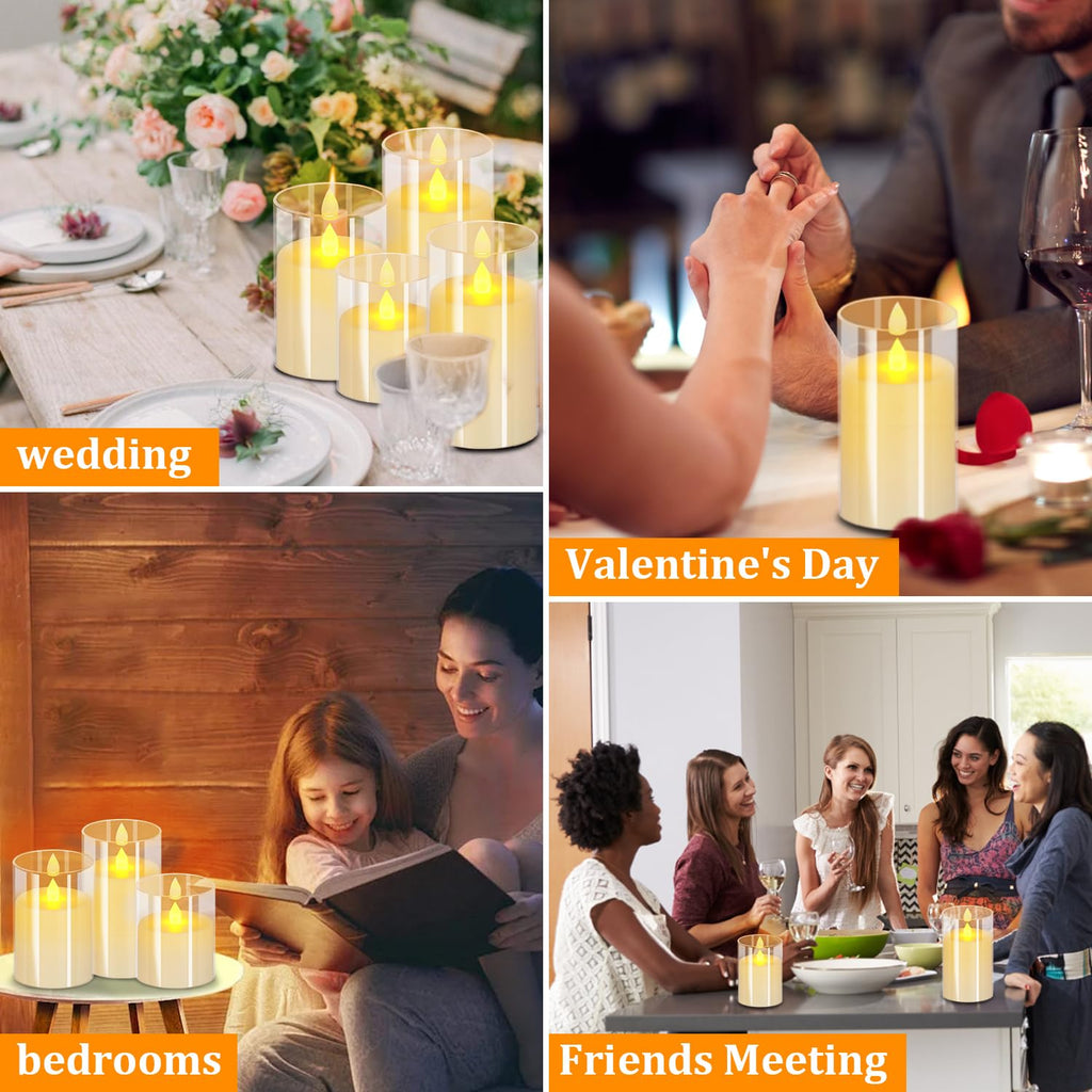 Flameless Candles 4" 5" 6" Acrylic Glass Pillars 3" Diameter Battery Operated Flickering Candles Include 8-Key Remote