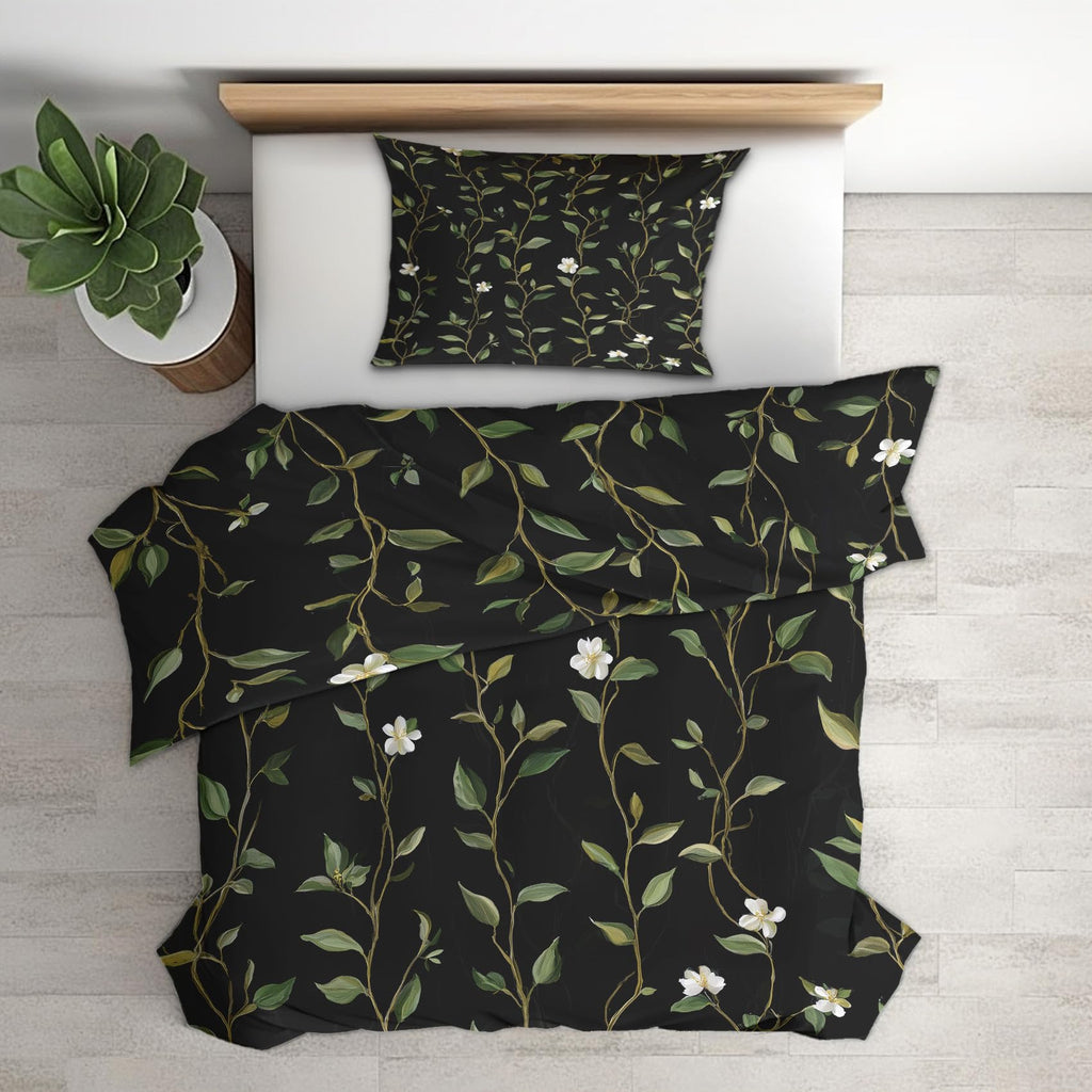 Botanical Duvet Cover, Tree Stripe Floral Black Green Reversible Design Bedding Set 2 Piece, Botanical