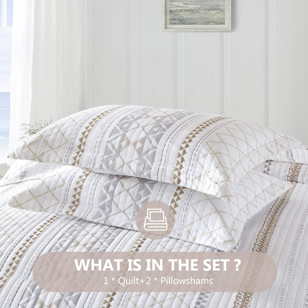Quilt, 100% Cotton Quilt Bedding Set, Reversible Boho Striped Bedspreads Lightweight Comforter