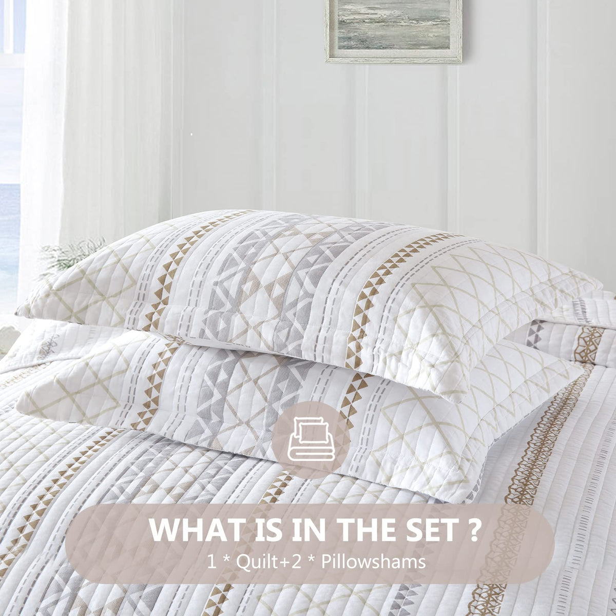 Quilt, 100% Cotton Quilt Bedding Set, Reversible Boho Striped Bedspreads Lightweight Comforter