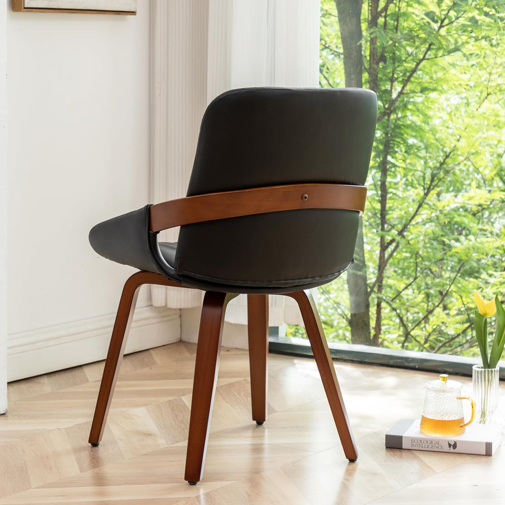 Mid Century Modern Faux Leather Upholstered Dining Chairs, Armless Accent Chairs with Sturdy Natural Wood Legs, Bamboo