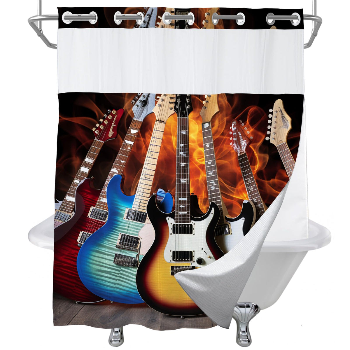 Vintage Funny Guitar Theme No Hook Waffle Weave Shower Curtain with Snap in Liner Cool Western Aesthetic Funky