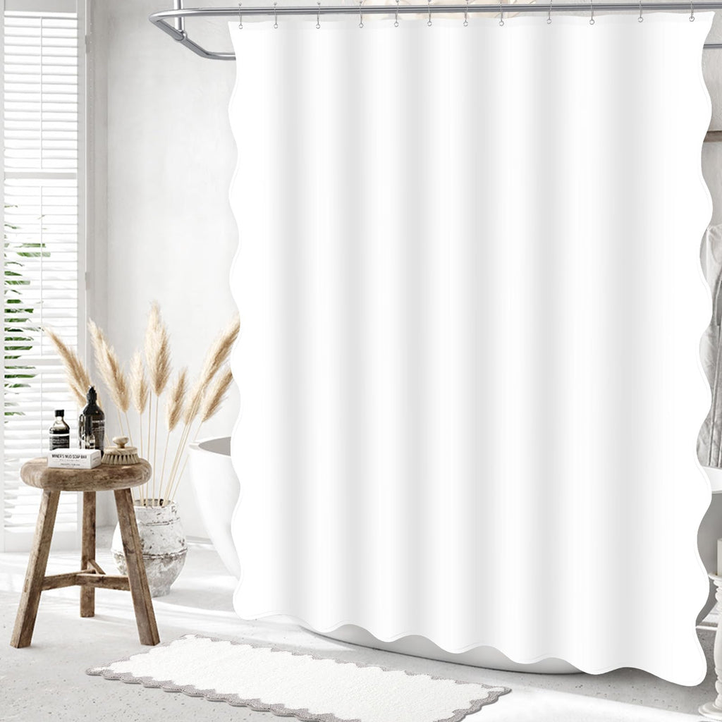 White Scalloped Fabric, Aesthetic Cute Scallop Preppy Ruffle Waterproof Bath Bathroom Decor with Metal Hook 72 W x