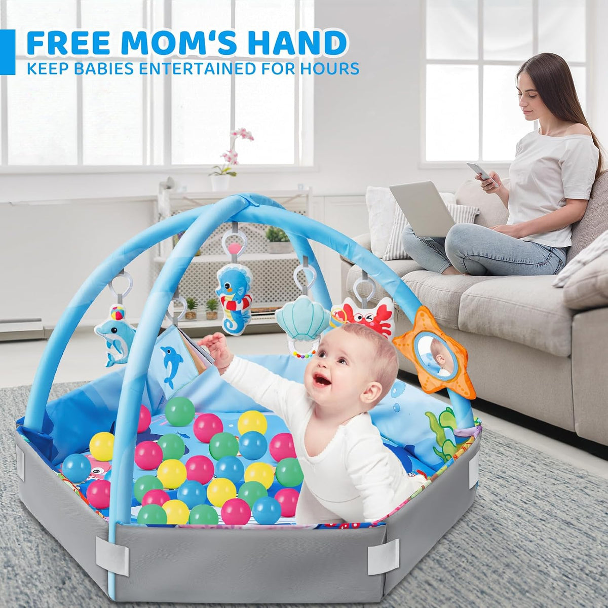 Gym Play Mat, in-1 Ocean Theme Tummy Time Mat & Ball Pit, Washable Baby Activity Play Mat for Visual, Hearing