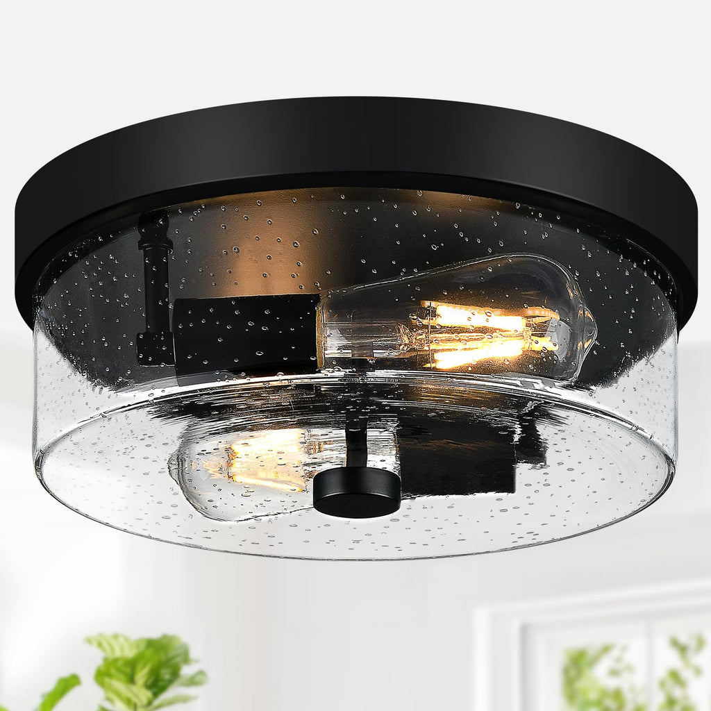 Black Flush Mount Ceiling Light Fixtures, 2-Light Ceiling Mount for Farmhouse with Seeded Glass Lampshade, Industrial