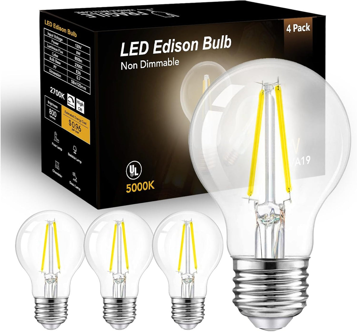 A19 Vintage LED Edison Bulbs, 60W Equivalent Light Bulbs, 5000K Daylight White, Clear Glass Filament Bulb, Efficient