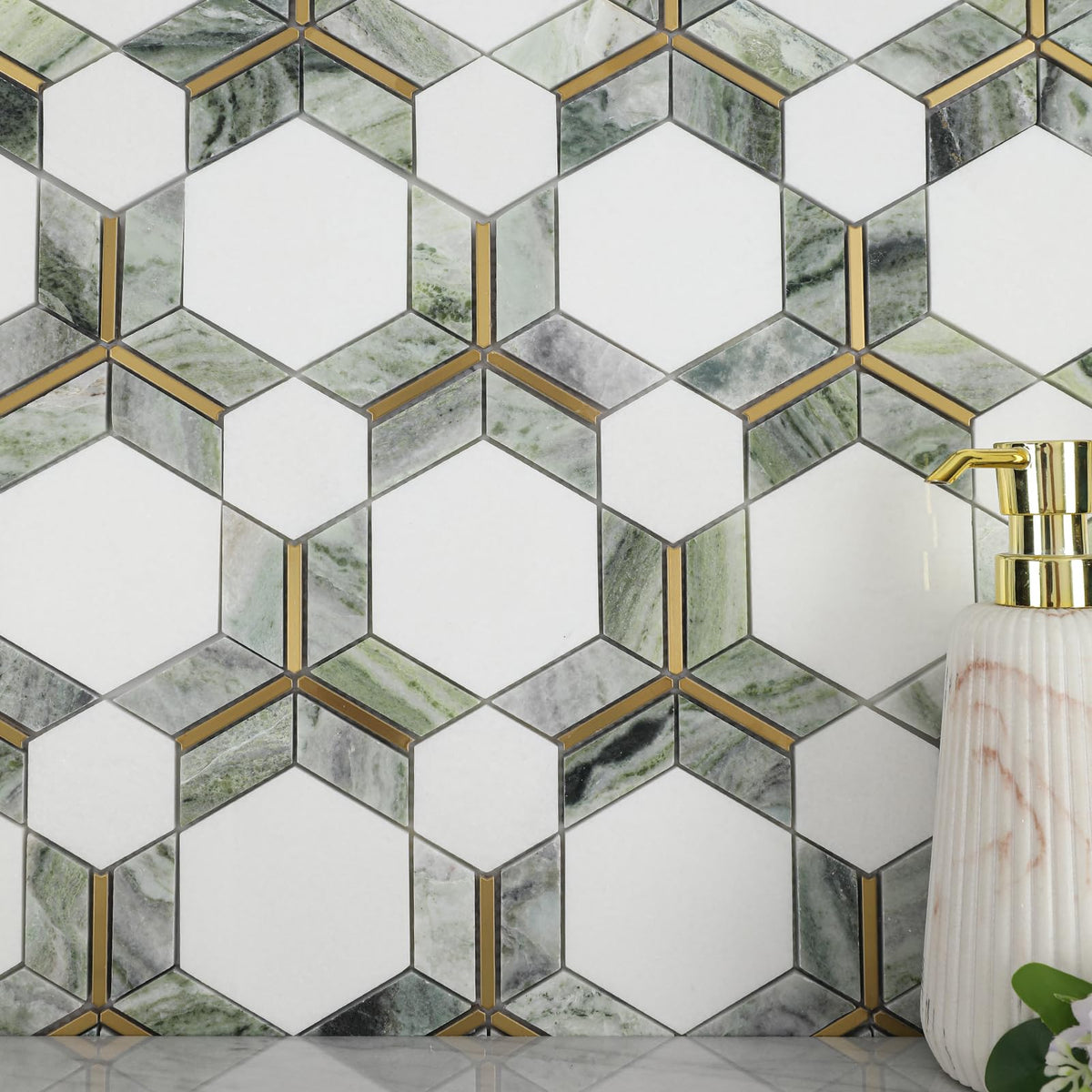 White Marble with Gold Metal Hexaong Mosaic Tile Polished, 5 Sheets