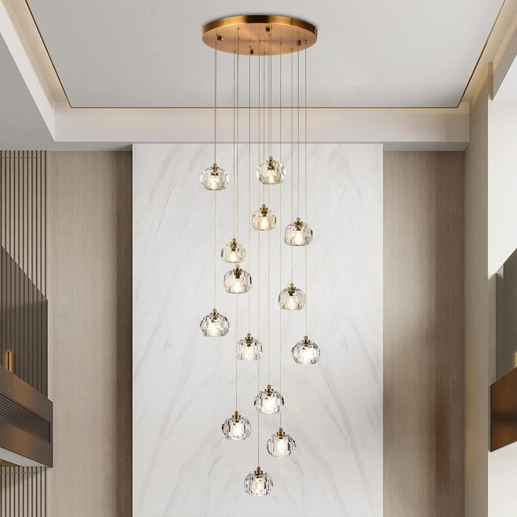 14-Light Crystal Chandeliers, 42W Raindrop Pendant Light Chandelier Large, Brass High Ceiling Chandelier Pendant Lighting with Clear Cut Crystal for Staircase Foyer Living Room