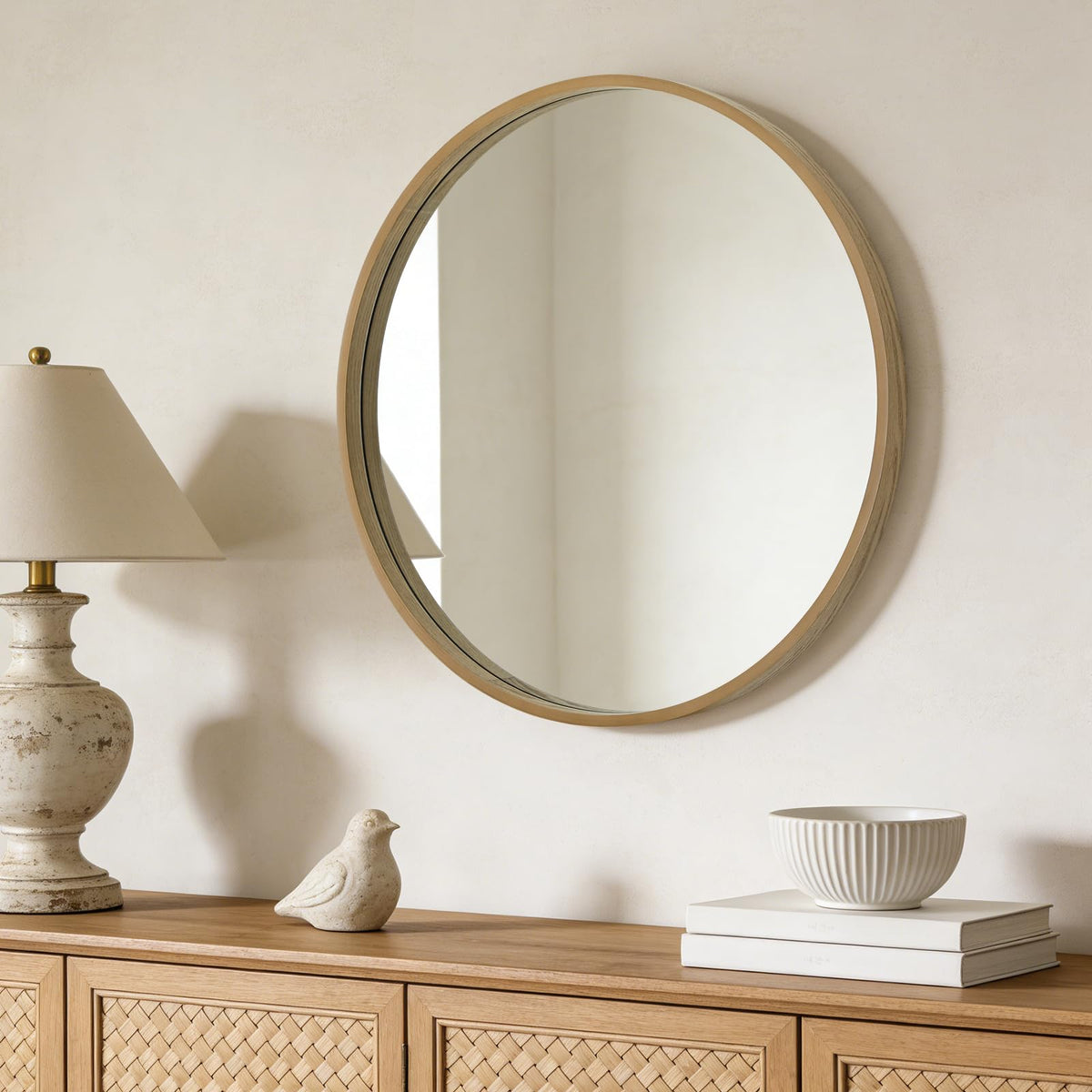 Round Mirror with Wood Frame, 28" Circle Modern Decoration Large Home Decor Mirror Living Room Bedroom Entryway (28"