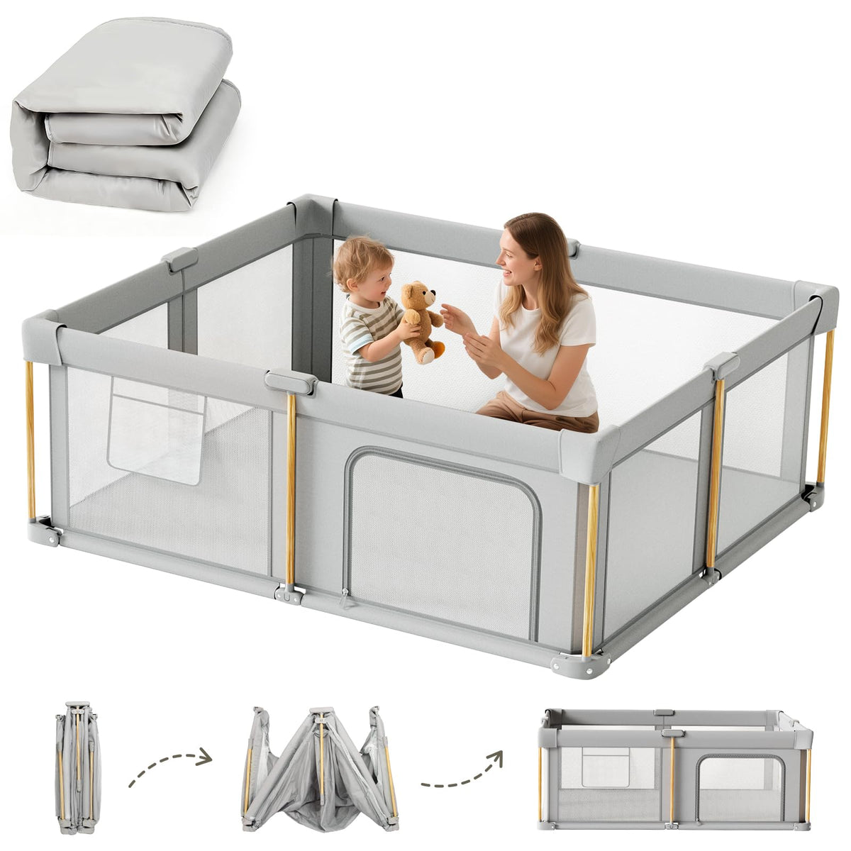 Foldable Baby Playpen with Mat, 50x50 Foldable Play Pen for Babies and Toddlers, Baby Playpen with Portable Design
