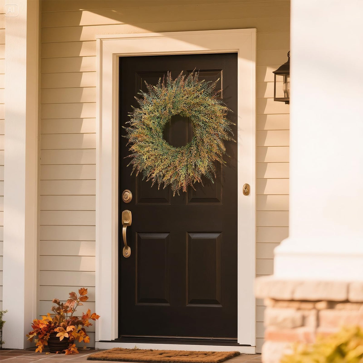 26" Large Artificial Fern Leaves Fall Wreath for Front Door (Orange-Green)