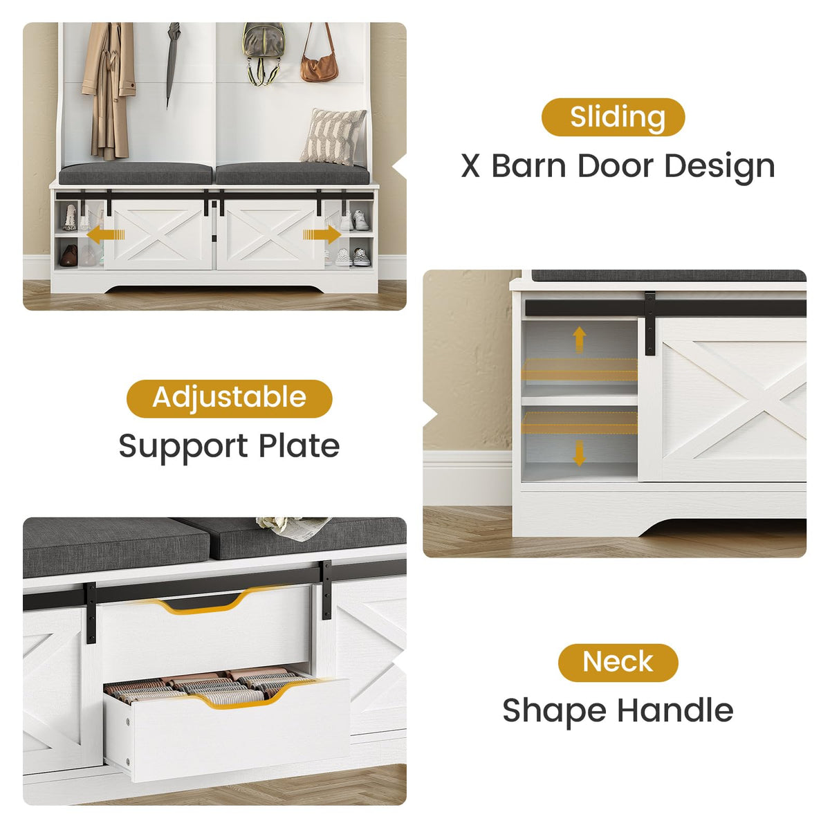 Hall Tree with Bench and Shoe Storage, Entryway Bench with Coat Rack, Modern Farm House Barn Door 3-in-1 Hall Tree