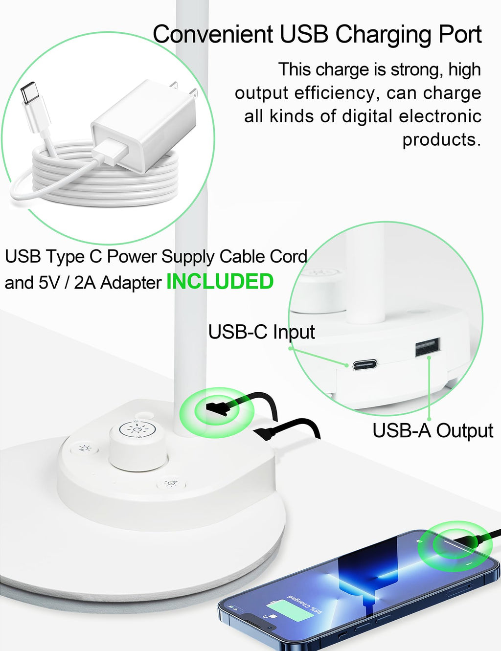 LED Desk Lamp with USB Charging Port, 3 Color Modes Dimmable, White