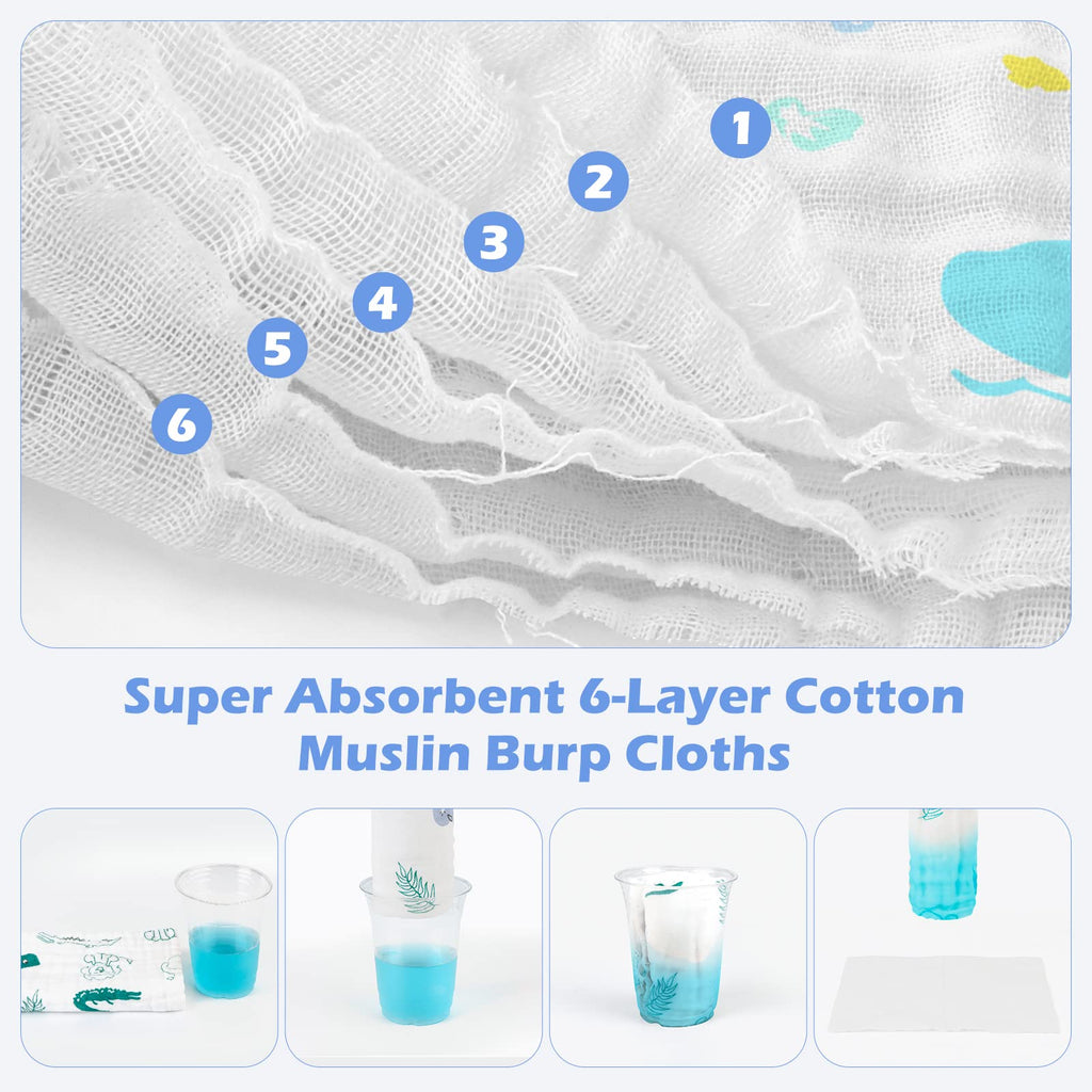 Muslin Baby Burp Cloths 6 Pack Large 20''x10'' 100% Cotton Burp Rags Absorbent and Soft 6 Layers Muslin Cloth Baby