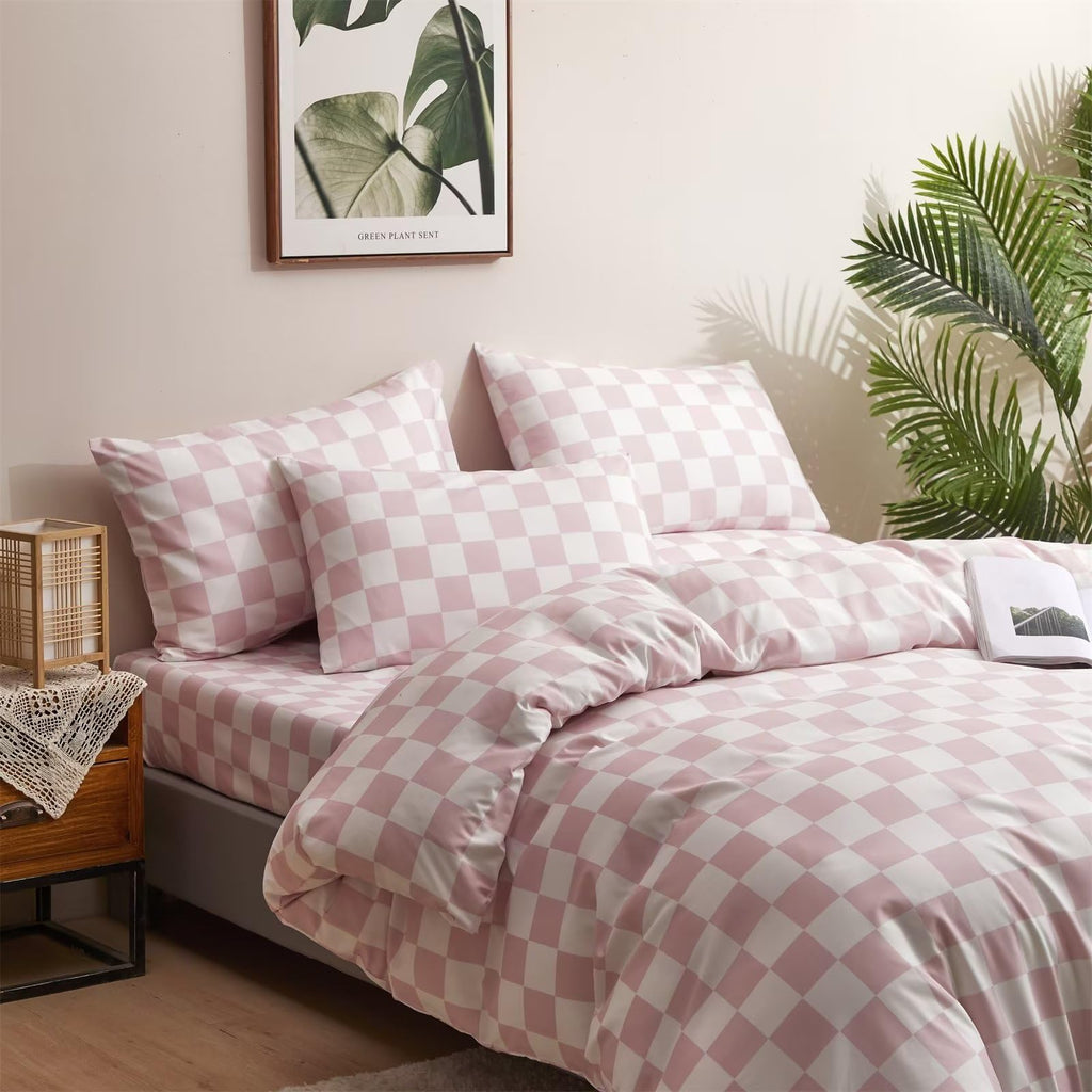White and Pink Duvet Cover Plaid Checkerboard Bedding Set