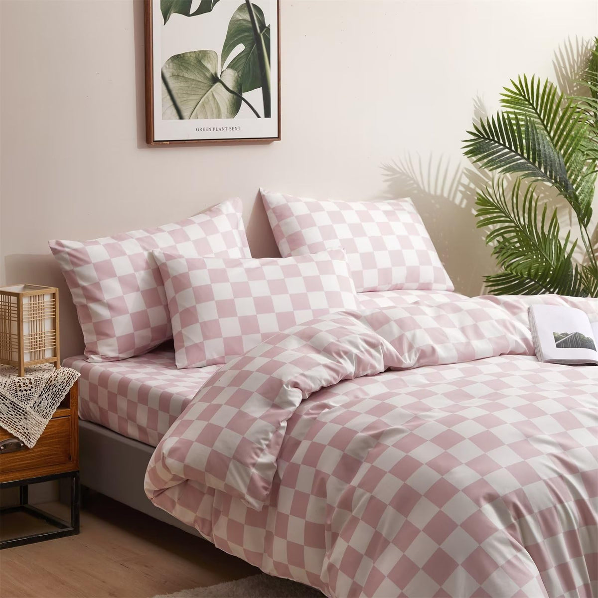 White and Pink Duvet Cover Plaid Checkerboard Bedding Set