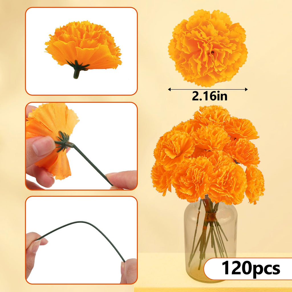 120Pcs Artificial Marigold Flowers, 2inch Silk Marigolds with Stems, Orange Artificial Flowers for Diwali Home Decor