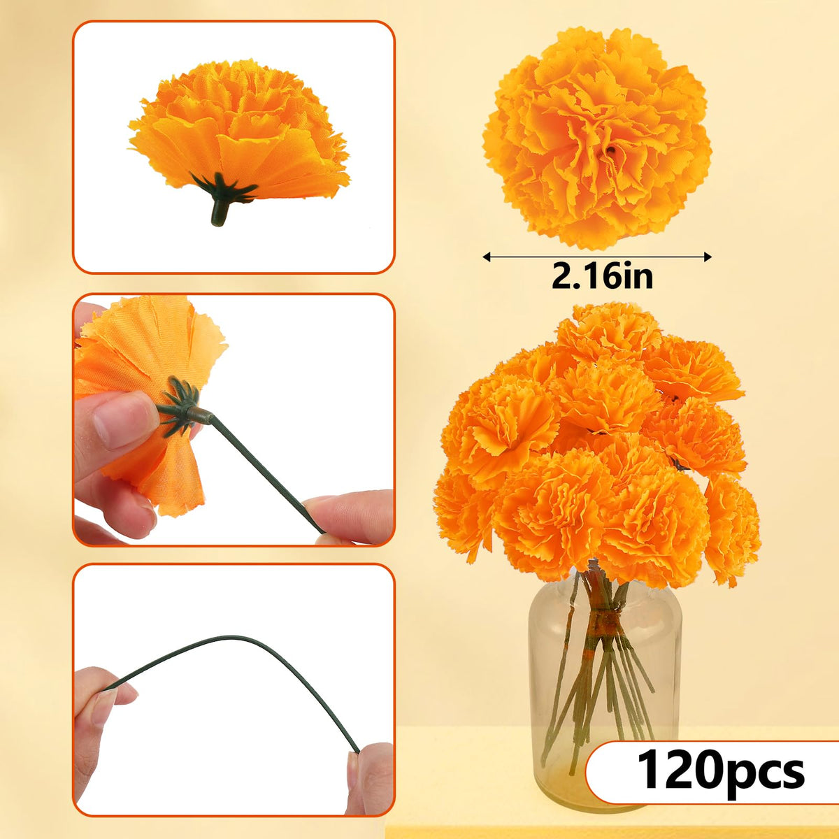 120Pcs Artificial Marigold Flowers, 2inch Silk Marigolds with Stems, Orange Artificial Flowers for Diwali Home Decor