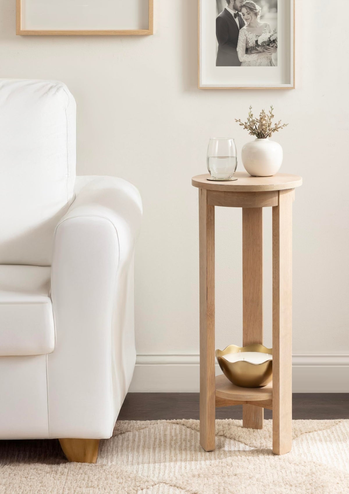 Inspired Saarinen Style Foxford Modern Tiered Round Drink Table, 12 x 12 x 30, Light Natural, Transitional Two-Tier Circle Plant Stand for