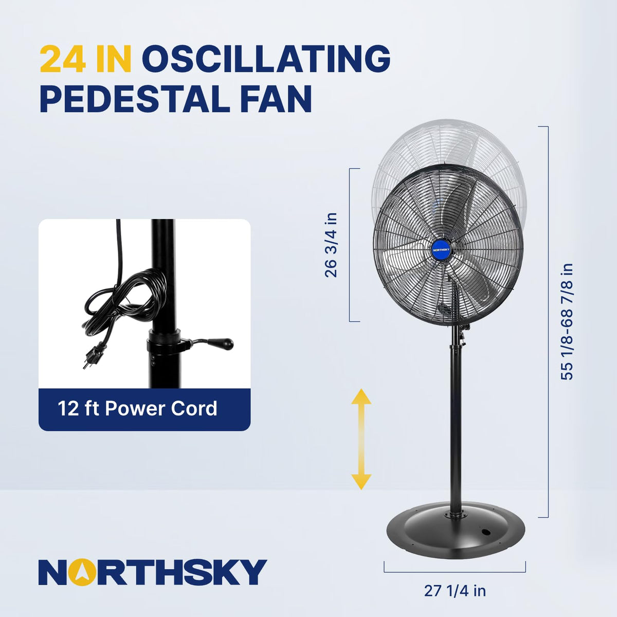 24 Inch High Velocity Non-Oscillating Pedestal Fan, 10000 CFM Airflow Heavy Duty Industrial Standing Fan, 2 Speeds