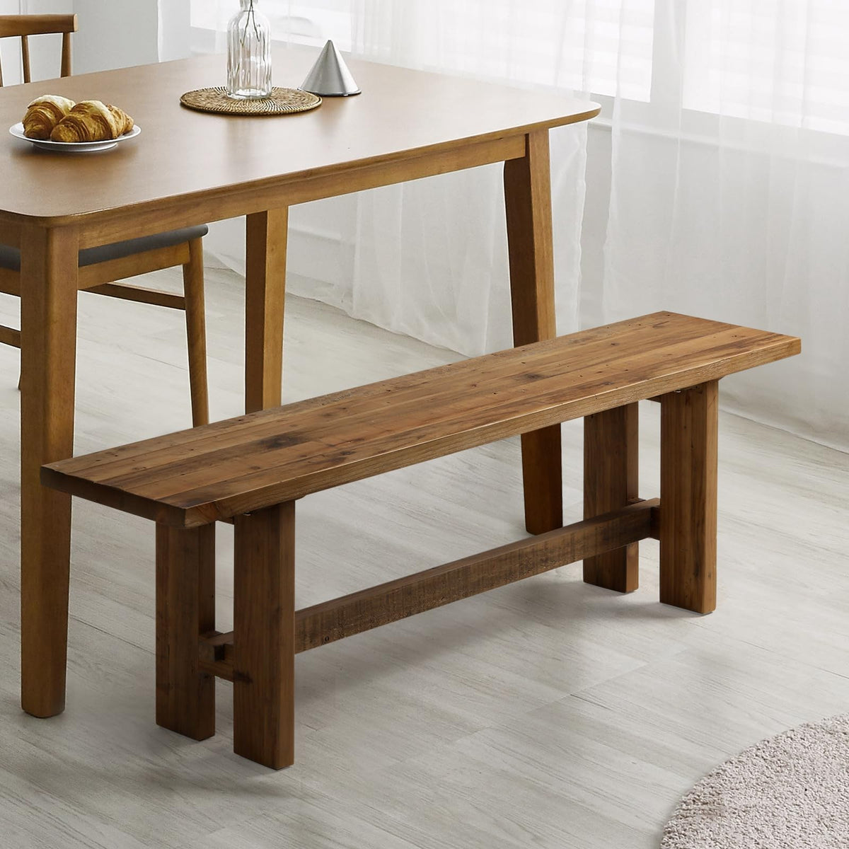 Reclaimed Solid Wood Bench, 55" Farmhouse Entryway Bench