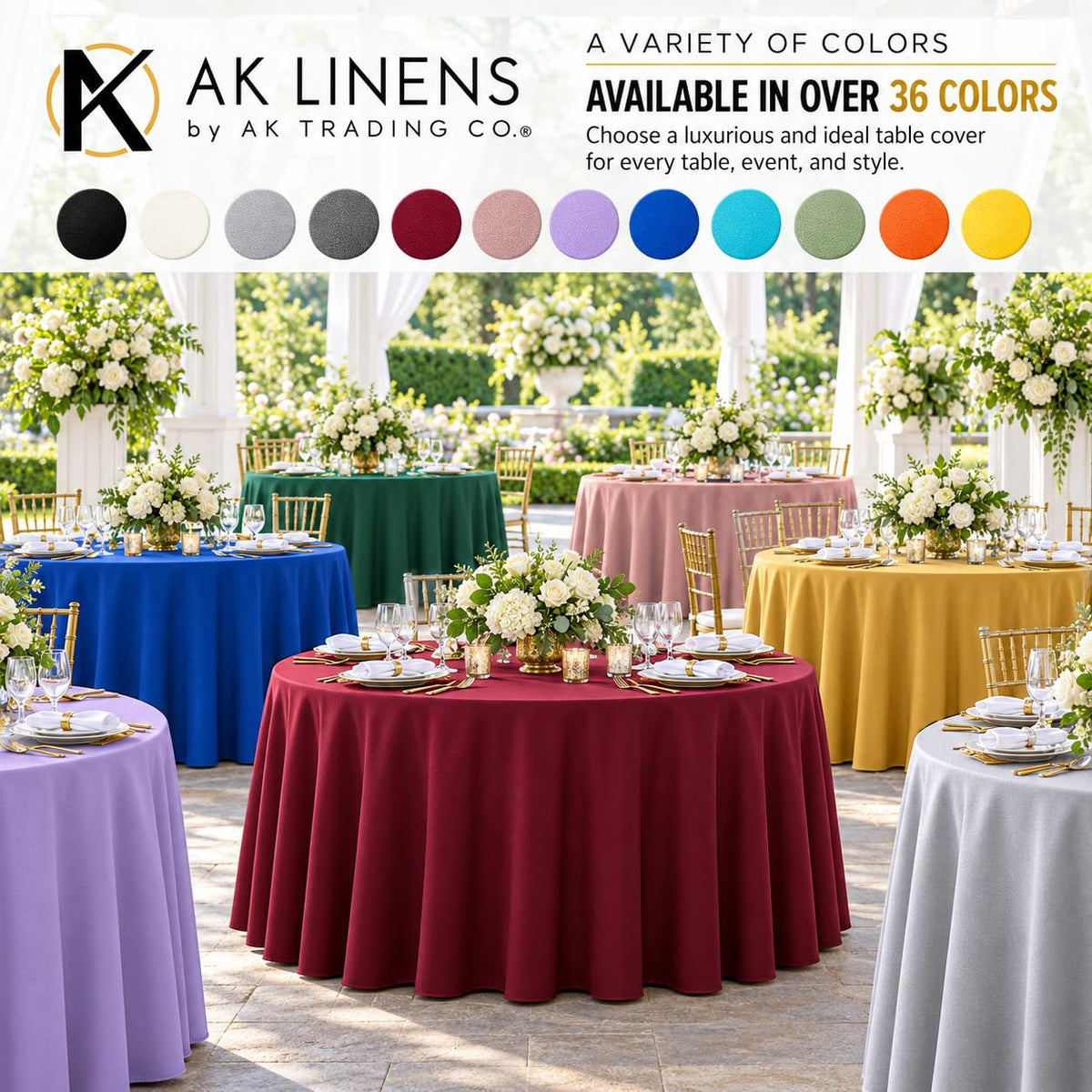 120-Inch Round Polyester Tablecloth, Made in USA, Wrinkle-Resistant & Flame Retardant Table Cover for Weddings