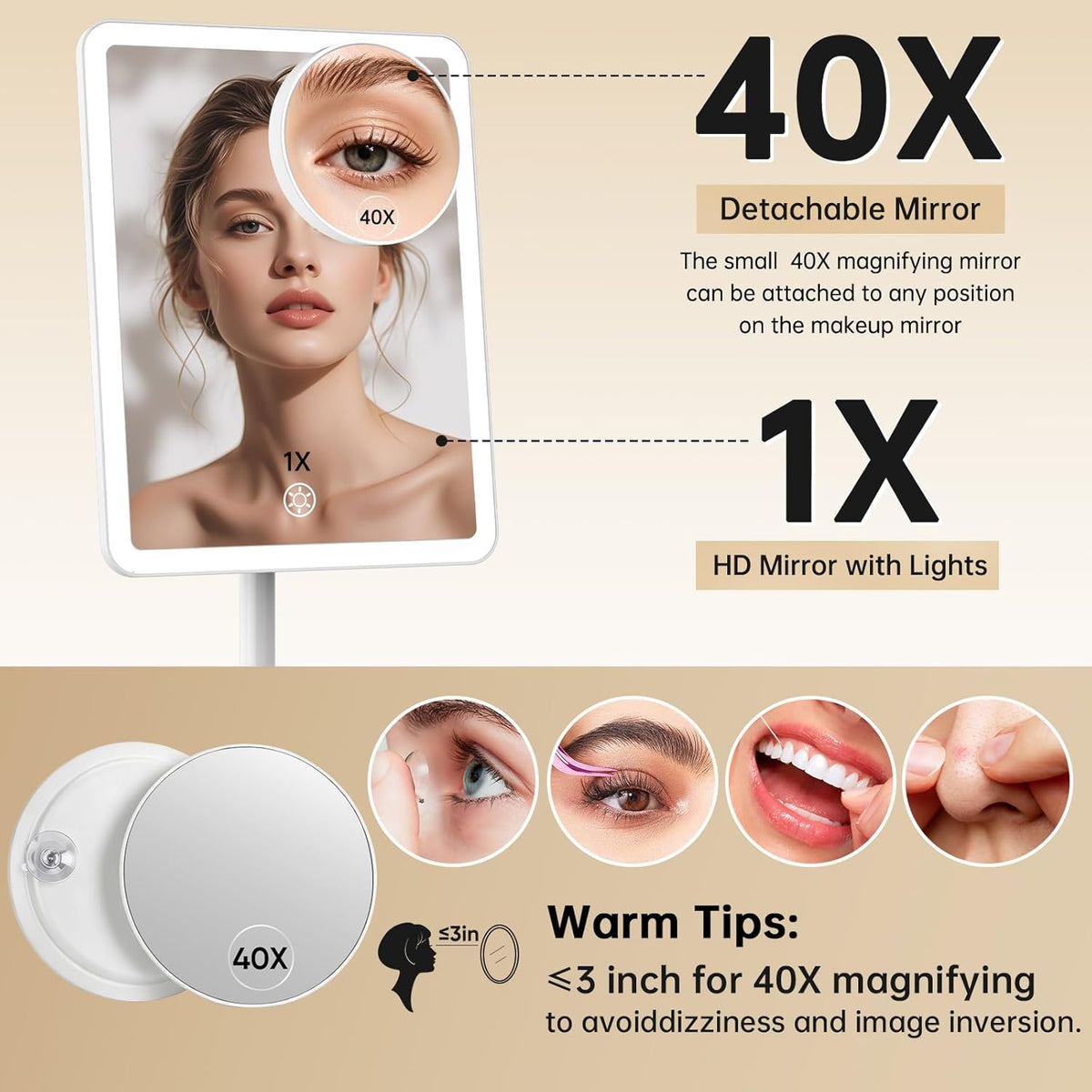 Vanity Mirror with Lights, Rechargeable Makeup Mirror with Lights,Smart Touch with 3-Color Lighting, Dimmable,