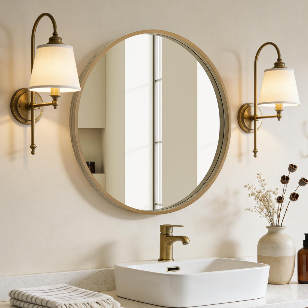 Round Mirror with Wood Frame, 28" Circle Modern Decoration Large Home Decor Mirror Living Room Bedroom Entryway (28"