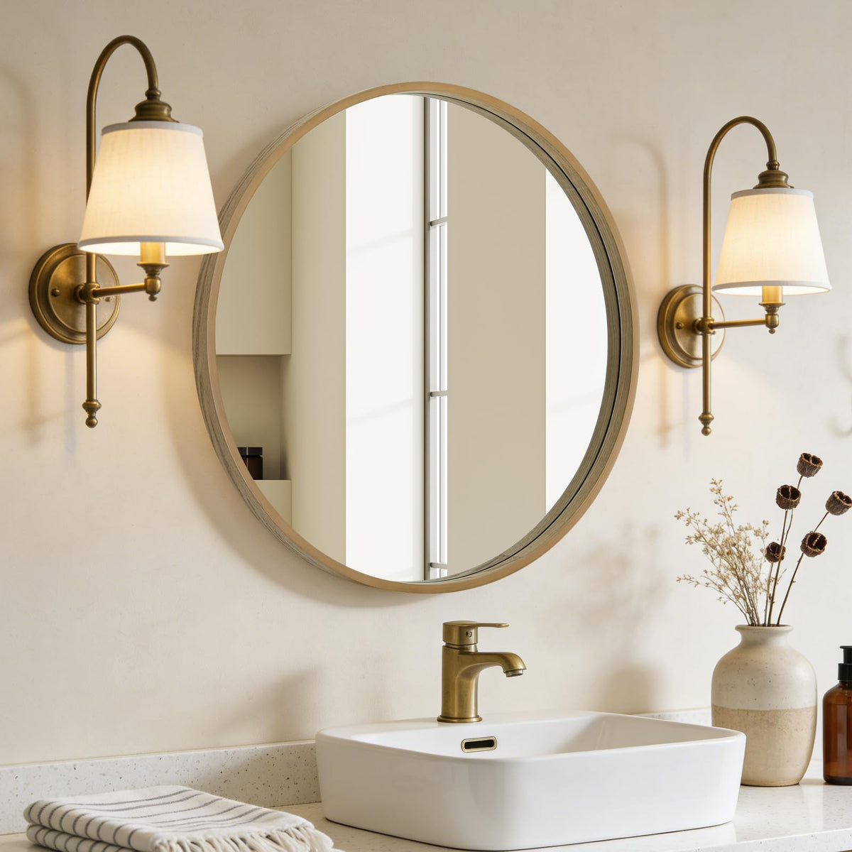 Round Mirror with Wood Frame, 28" Circle Modern Decoration Large Home Decor Mirror Living Room Bedroom Entryway (28"
